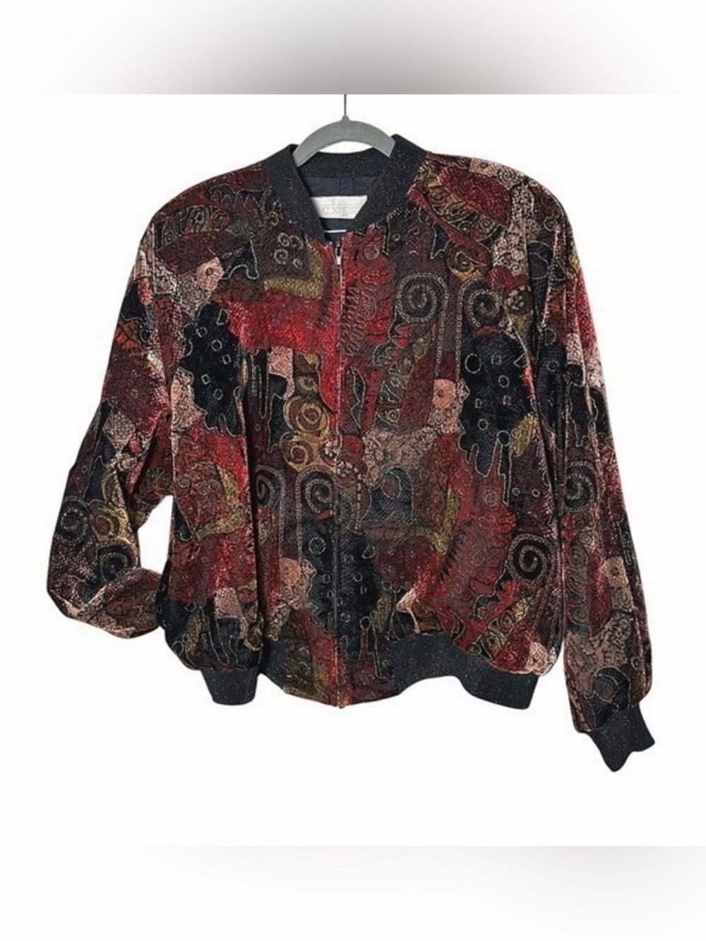 Velour Embroidered‎ Pattern Bomber Jacket Vintage Full Zip Burgundy 90's Retro